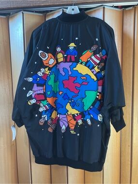 Vtg 80s SilkScapes Oversized Bomber Jacket NWT People of the World Silk Appliqué